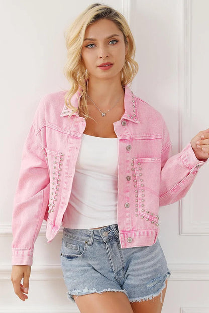 Outerwear/Denim jackets Pink Rivet Studded Pocketed Denim Jacket