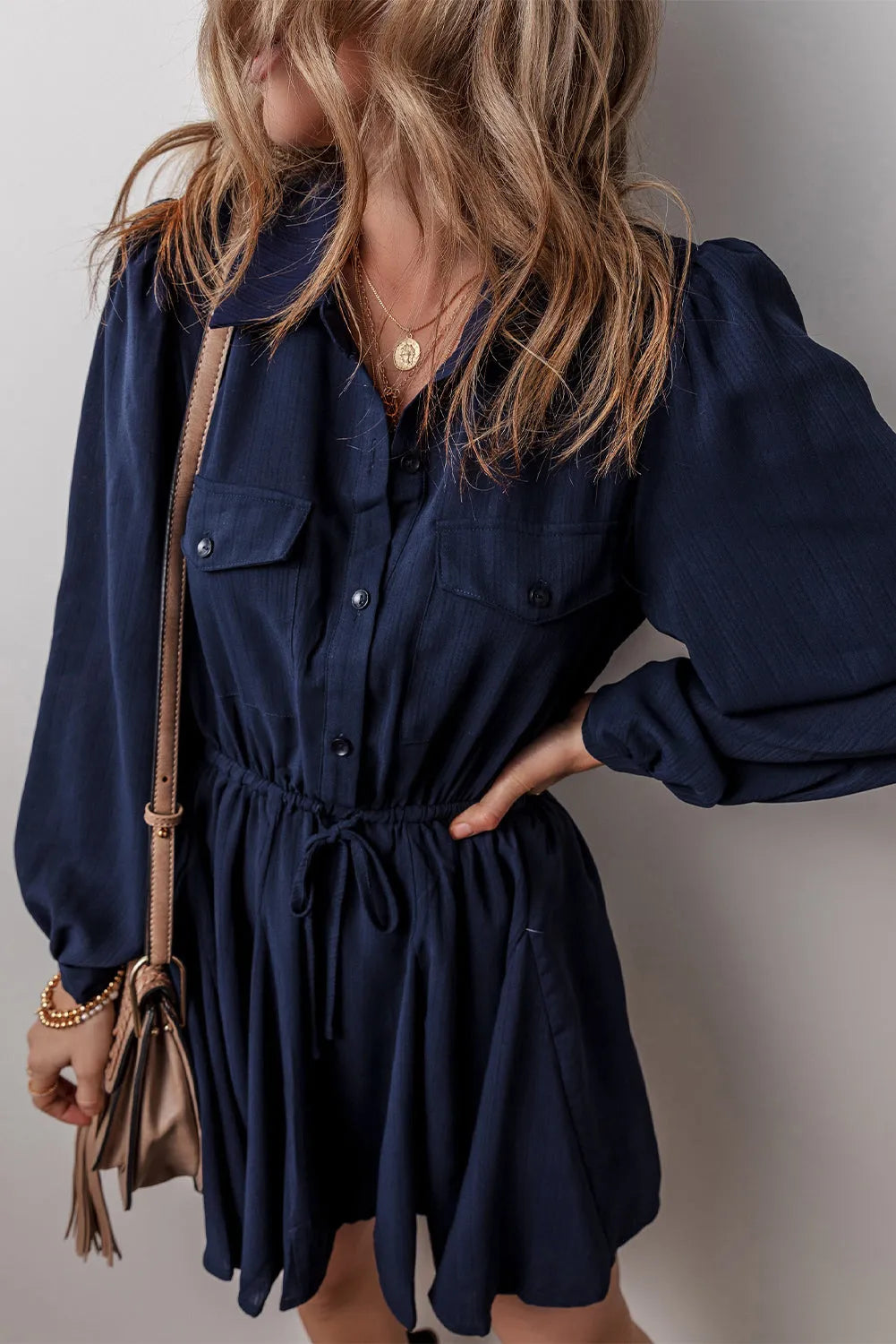 Navy Blue Solid Chest Pockets Tunic Shirt Mini Dress - Chic Meadow Boutique 