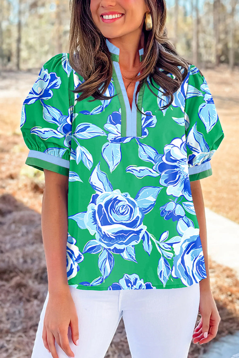 Bright Green Rose Floral Print Puff Short Sleeve Summer Blouse