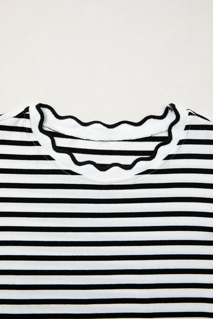 Black Stripe Scalloped Trim Round Neck T Shirt