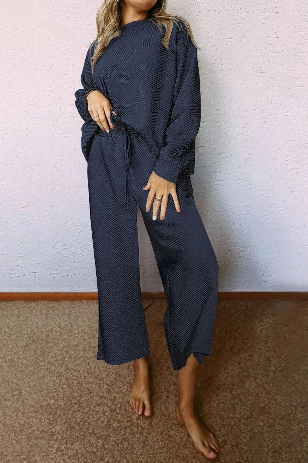 Two Piece Sets/Pant Sets Navy Blue / S / 95%Polyester+5%Elastane Navy Blue Ultra Loose Textured 2pcs Slouchy Outfit