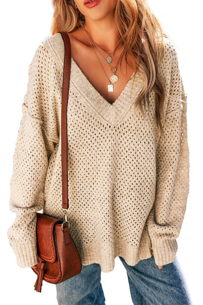 Parchment Loose Eyelet V Neck Drop Shoulder Sweater - Chic Meadow Boutique 