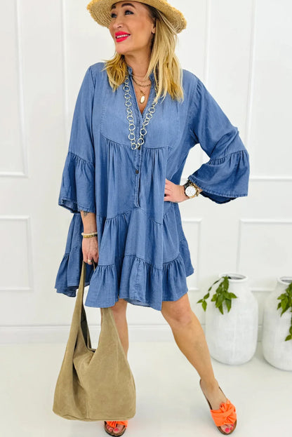 Sky Blue Chambray Ruffled 3/4 Sleeve Tiered Split V Neck Mini Dress - Chic Meadow Boutique 