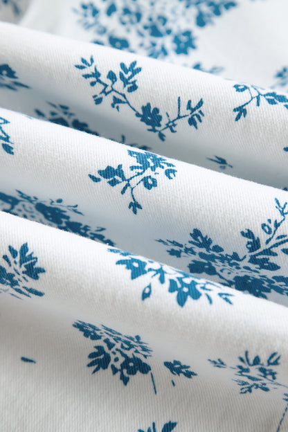 Sky Blue Floral Print Tie Waist Straight Leg Jeans