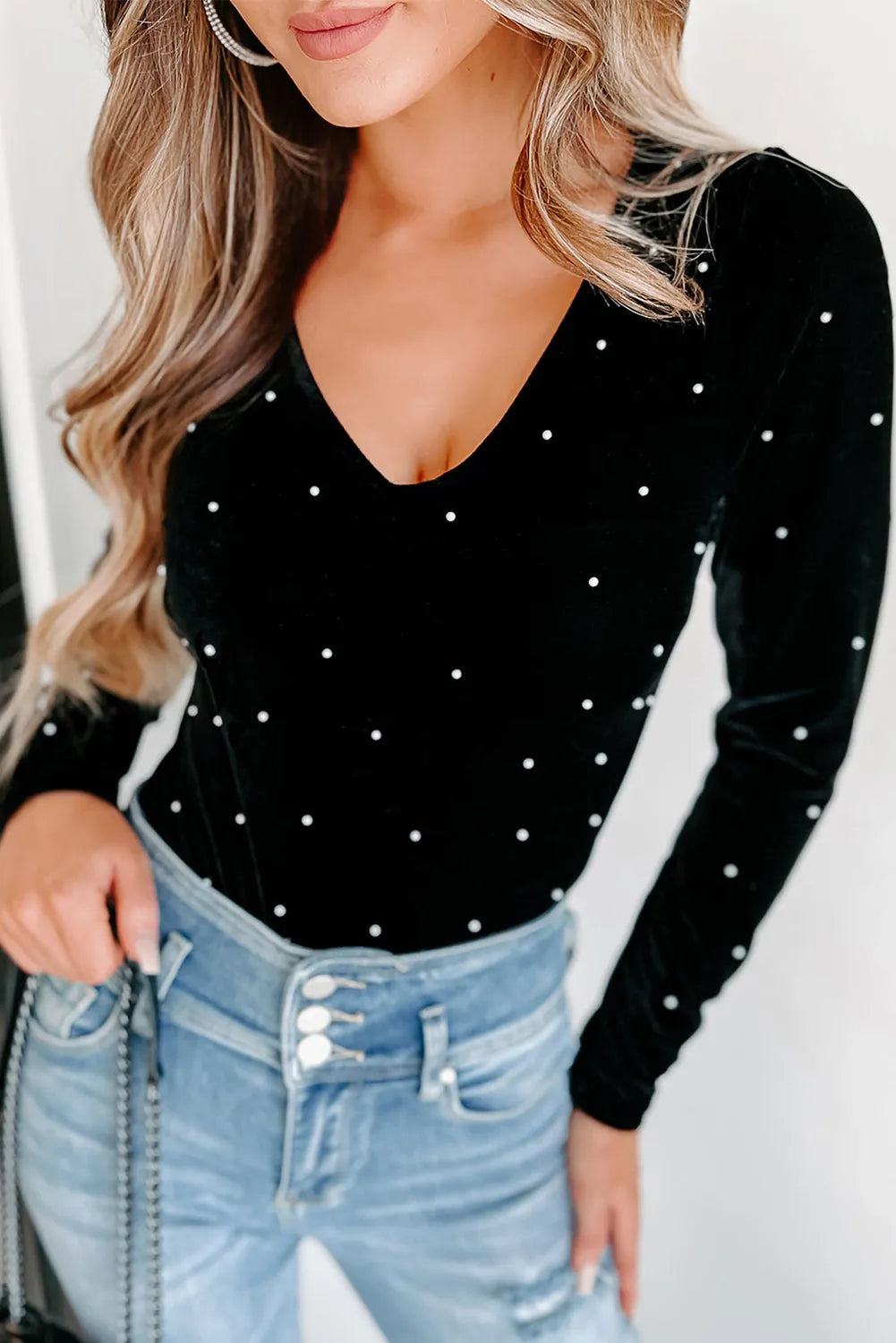 Black Velvet Beaded Long Sleeve V Neck Bodysuit - Chic Meadow Boutique 