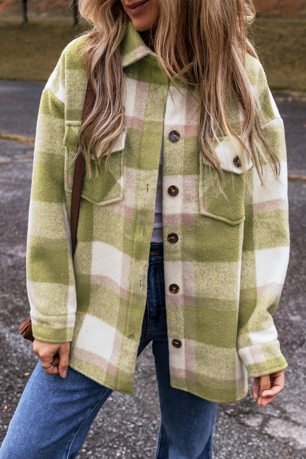 Sage Green Plaid Print Buttoned Flap Pockets Baggy Shacket - Chic Meadow Boutique 