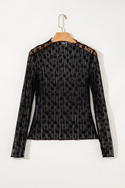 Black Sheer Floral Lace Long Sleeve Slim Fit Top