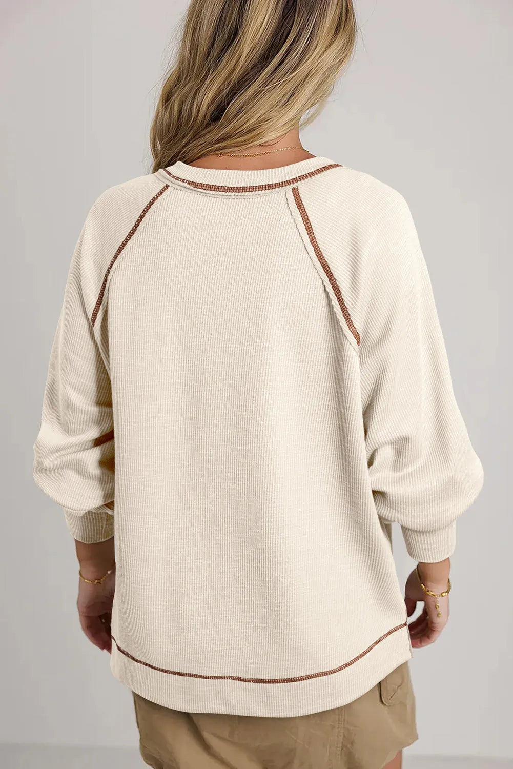 Beige Exposed Seam Textured Knit V Neck Pullover Top - Chic Meadow Boutique 