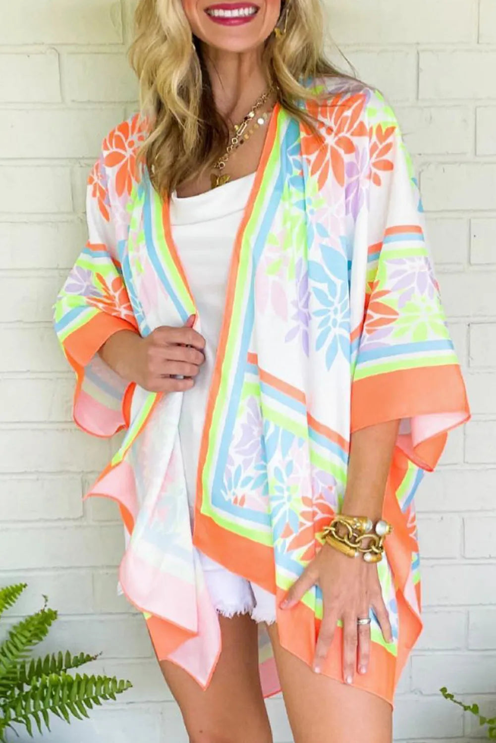 Orange Boho Floral 3/4 Sleeve Split Open Front Kimono - Chic Meadow Boutique 