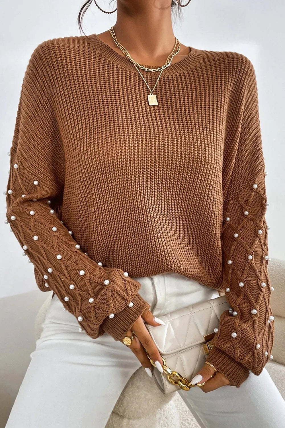 Chestnut Beaded Drop Shoulder Round Neck Sweater - Chic Meadow Boutique 