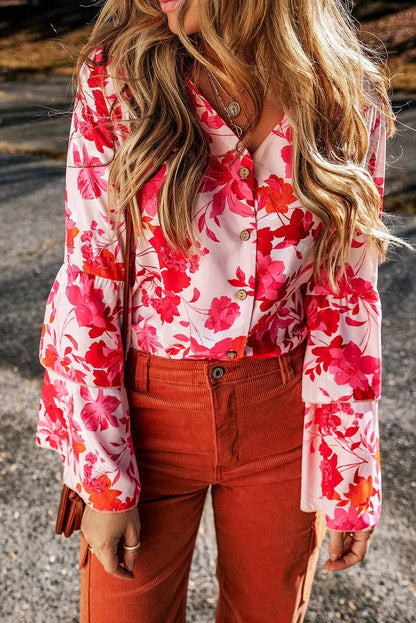 Tops/Bodysuits Pink Floral Print Tiered Bell Long Sleeve Buttoned Bodysuit