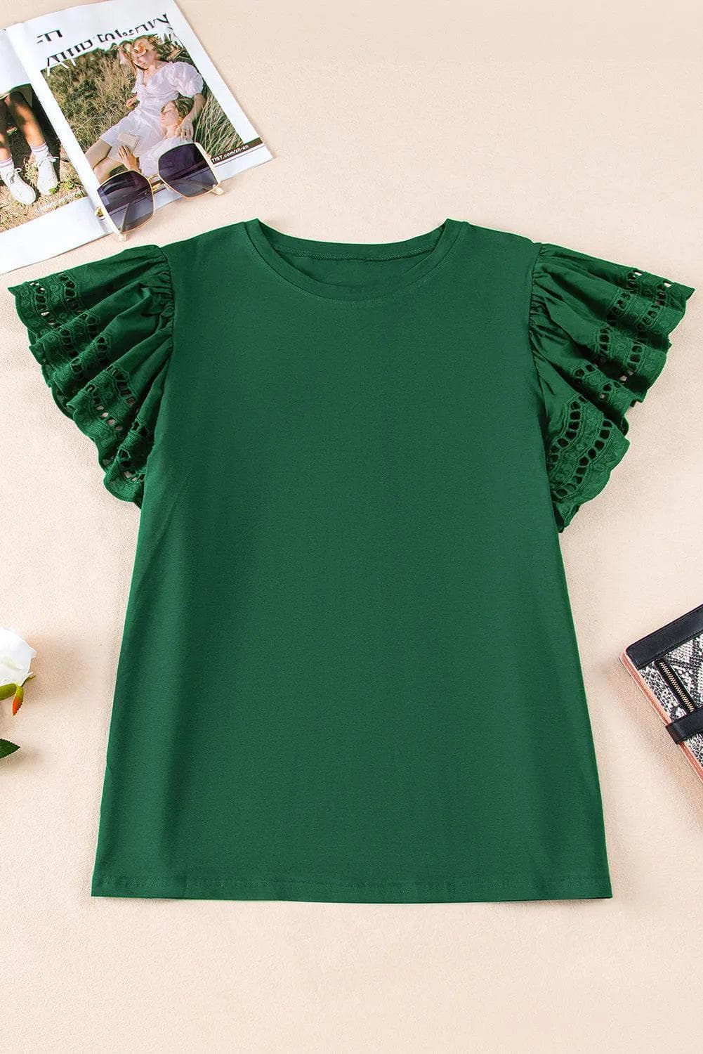 Plus Size/Plus Size Tops/Plus Size Tops & Tees Green Plus Size Flutter Sleeve Top