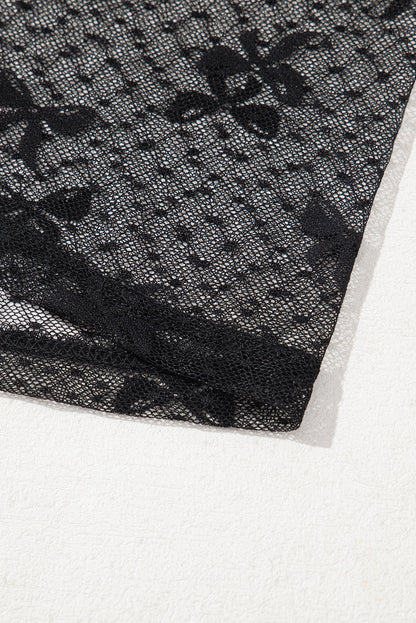 Black Bow Knot Dotted See-through Mesh Patched Slim Fit Blouse