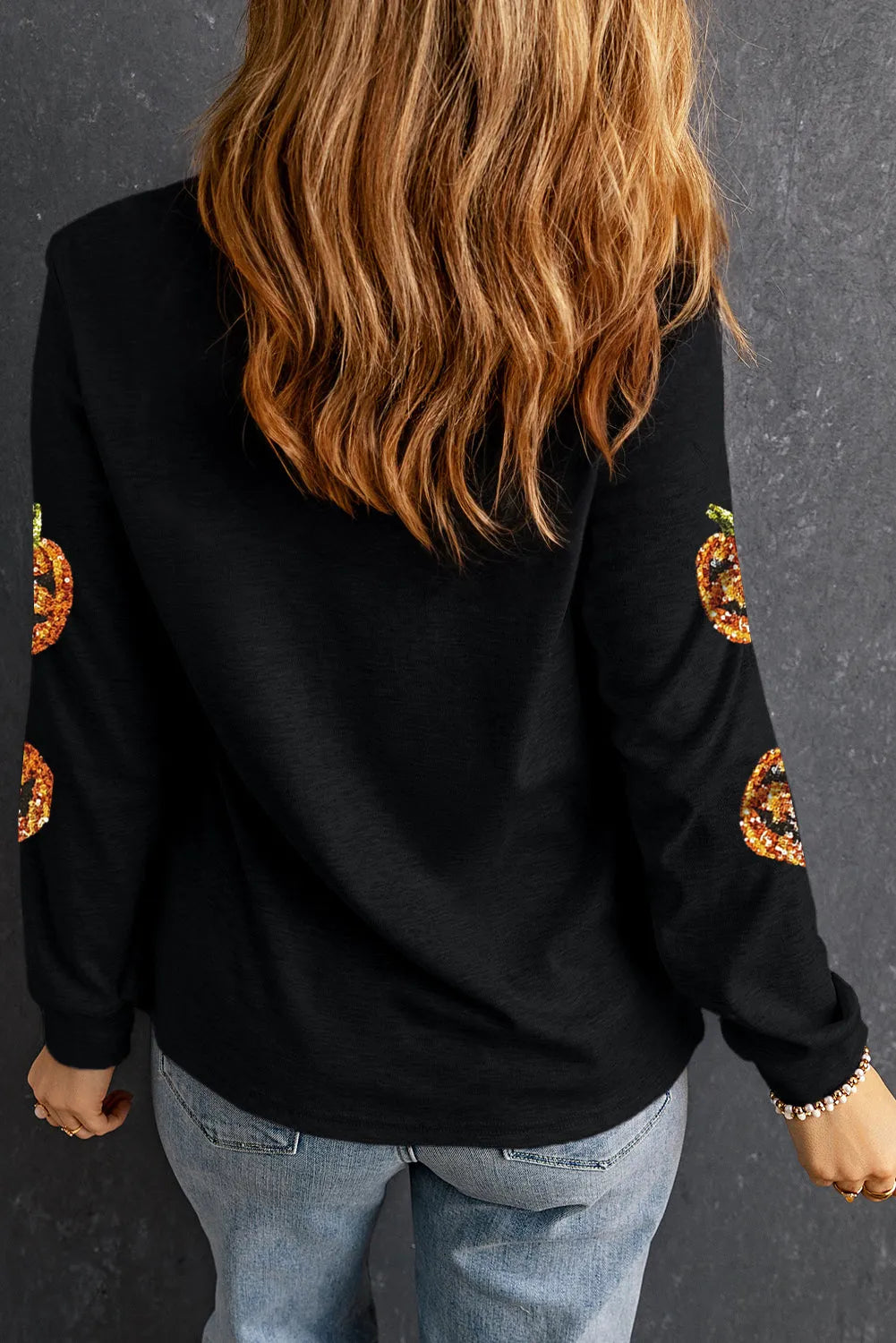 Black Halloween Sequin Pumpkin Face Pullover Long Sleeve Top - Chic Meadow Boutique 