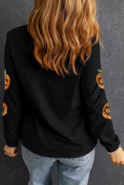 Black Halloween Sequin Pumpkin Face Pullover Long Sleeve Top - Chic Meadow Boutique 