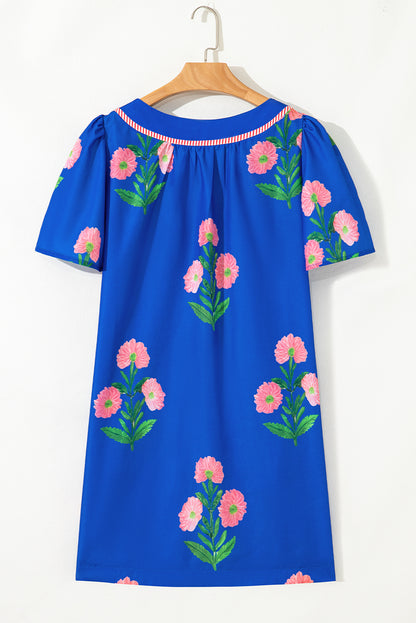 Blue Floral Short Sleeve Split Neck Loose Mini Dress