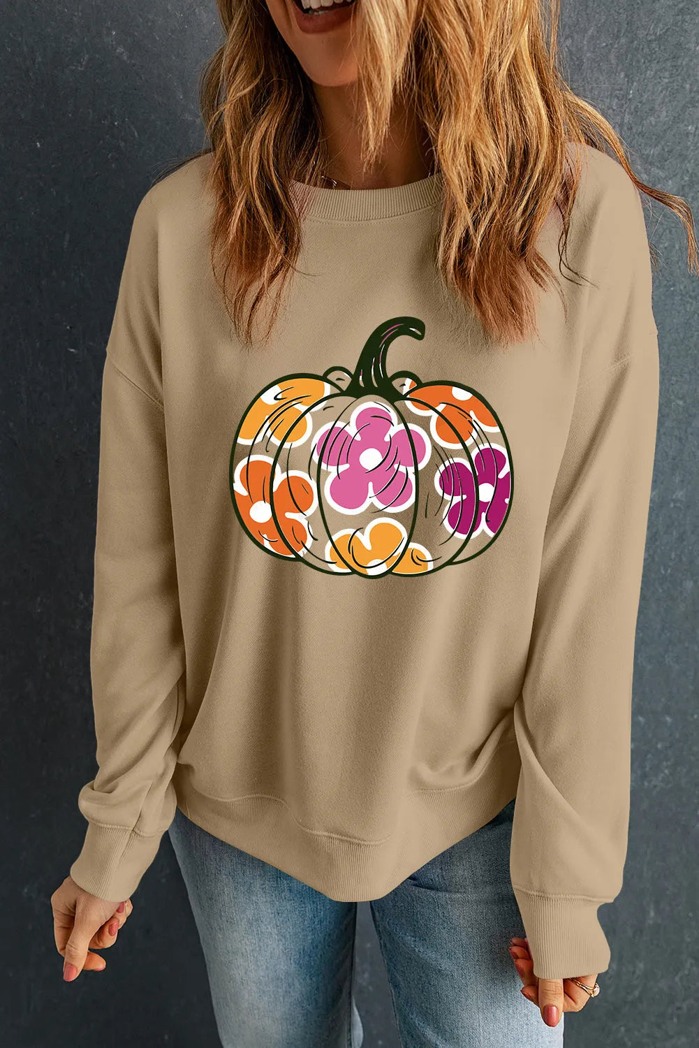 Khaki Halloween Floral Pumpkin Graphic Drop Shoulder Sweatshirt - Chic Meadow Boutique 