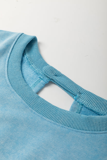 Mist Blue Mineral Wash Drawstring Waist Hollow Out Back Short Sleeve Romper