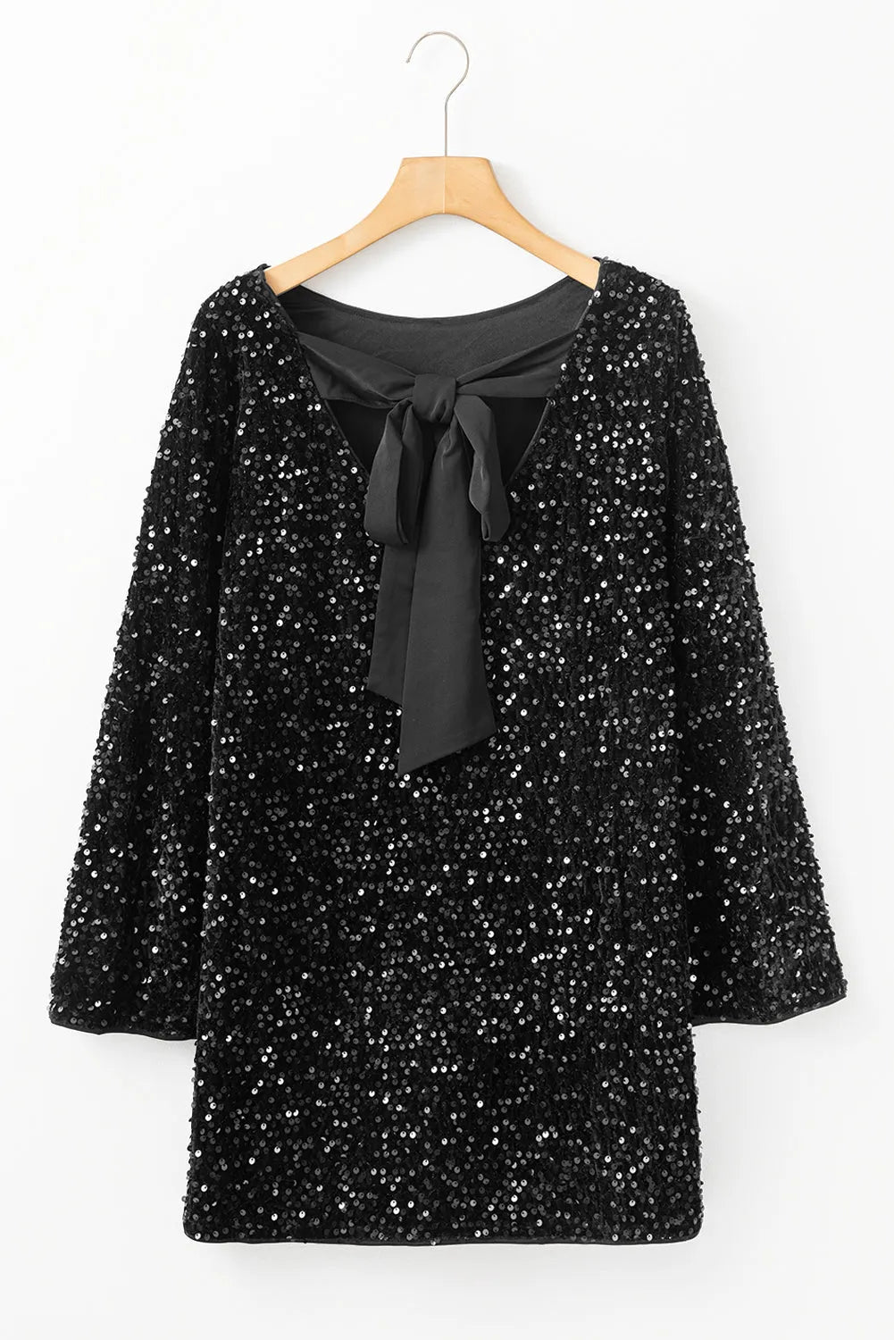 Black Sequin Long Sleeve Knot Cutout Back Mini Dress - Chic Meadow Boutique 