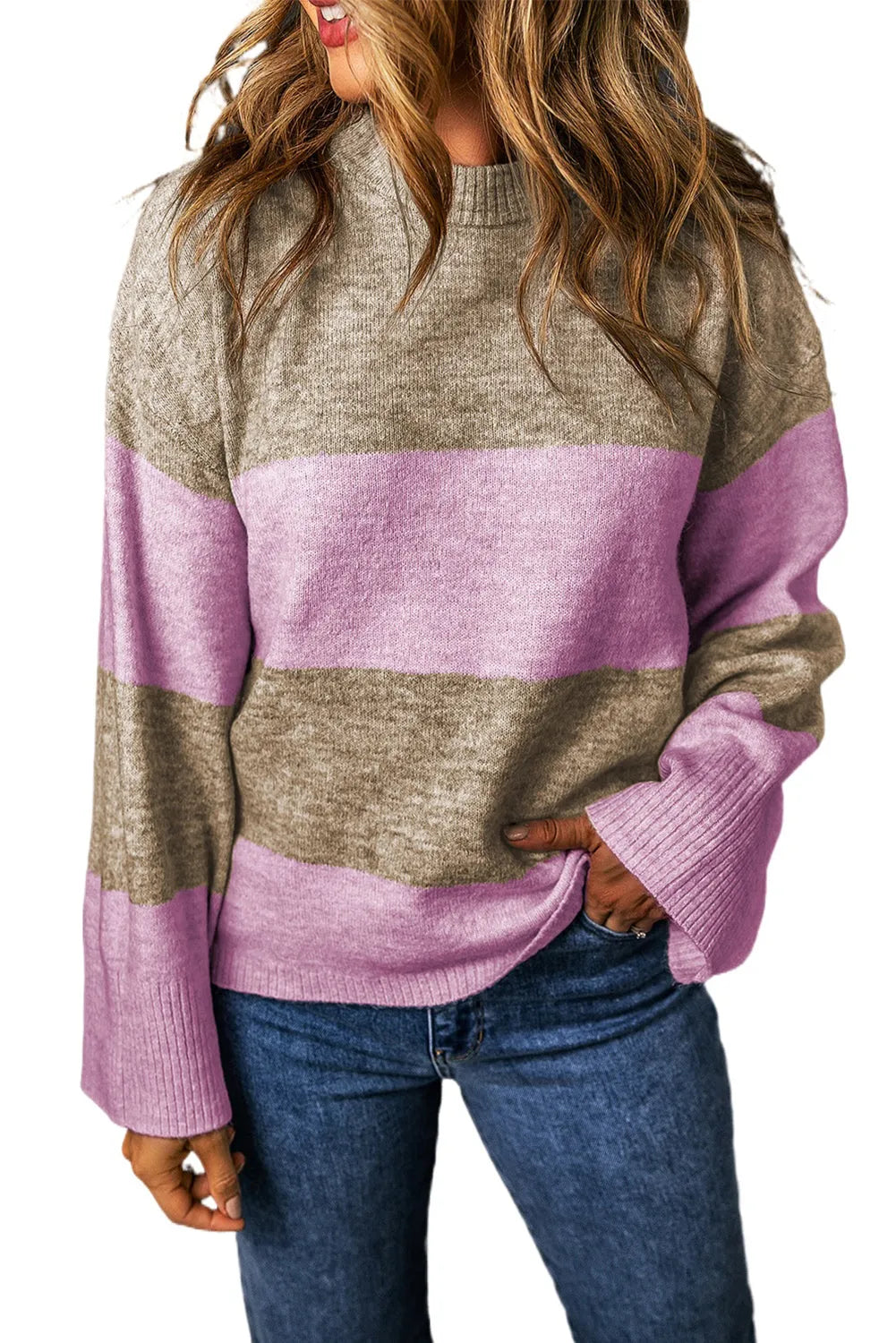 Rose Stripe Crew Neck Wide Sleeve Colorblock Sweater - Chic Meadow Boutique 