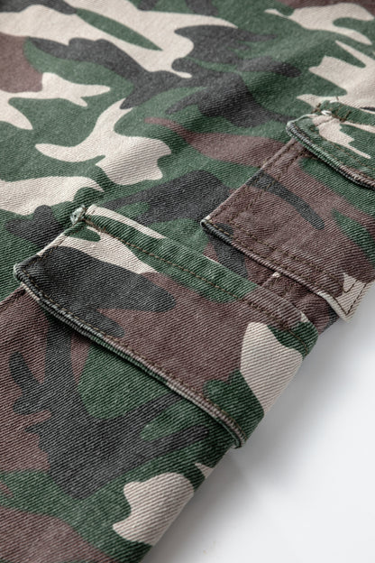 Green Camo Denim Cargo Wide Leg Pants