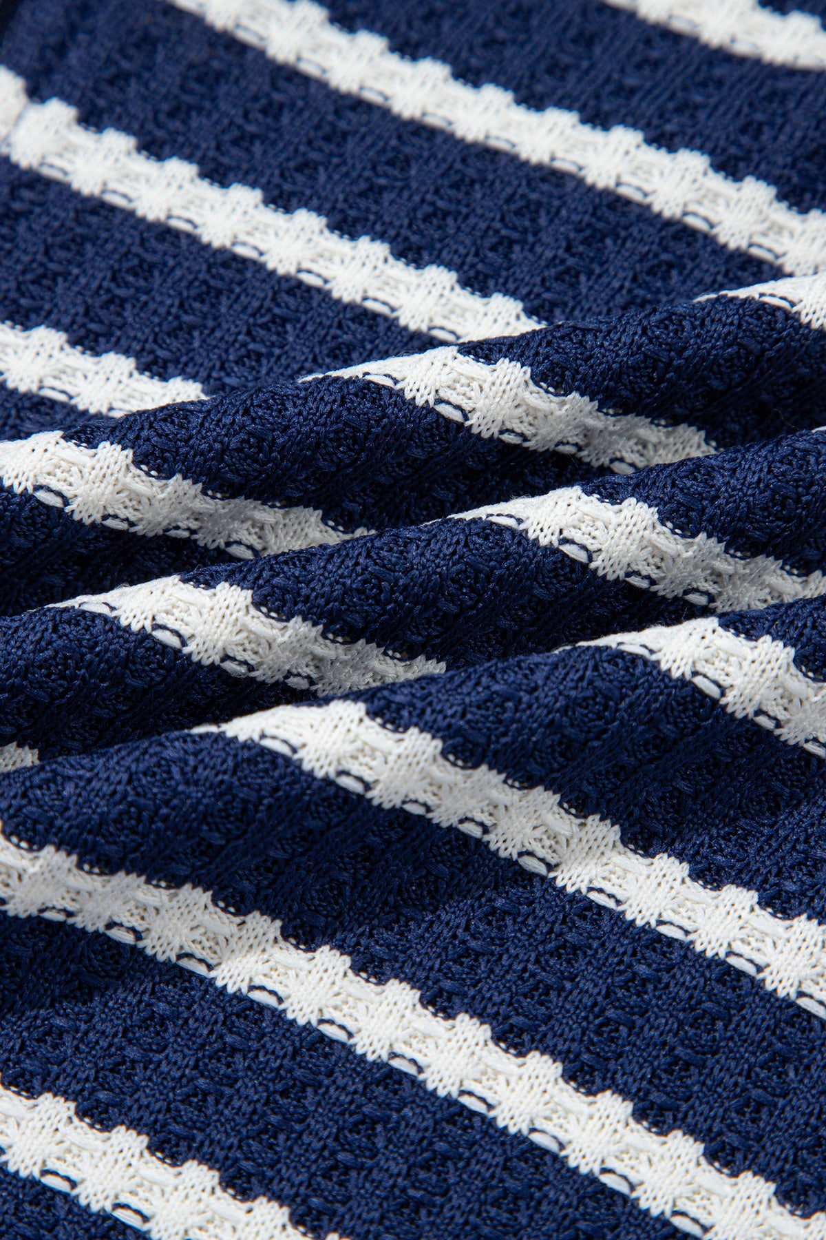 Blue Stripe Textured Knit Half Zip Collared Long Sleeve Top