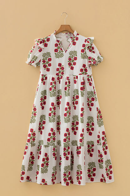 Beige Floral Short Bubble Sleeve Tiered Maxi Dress