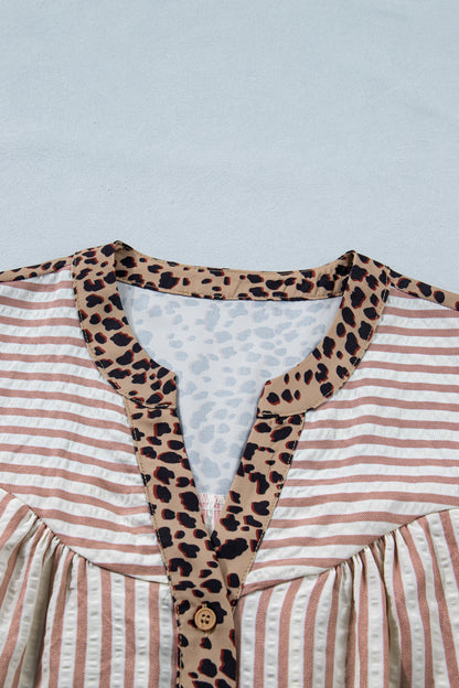Pink Stripe Leopard Trim V Neck Button Down Half Sleeve Shirt
