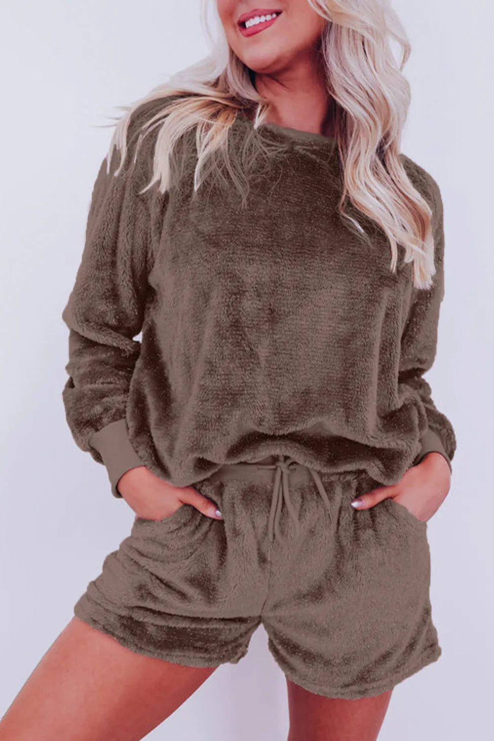 Coffee Solid Loose Fit Two Piece Fleece Lounge Set - Chic Meadow Boutique 