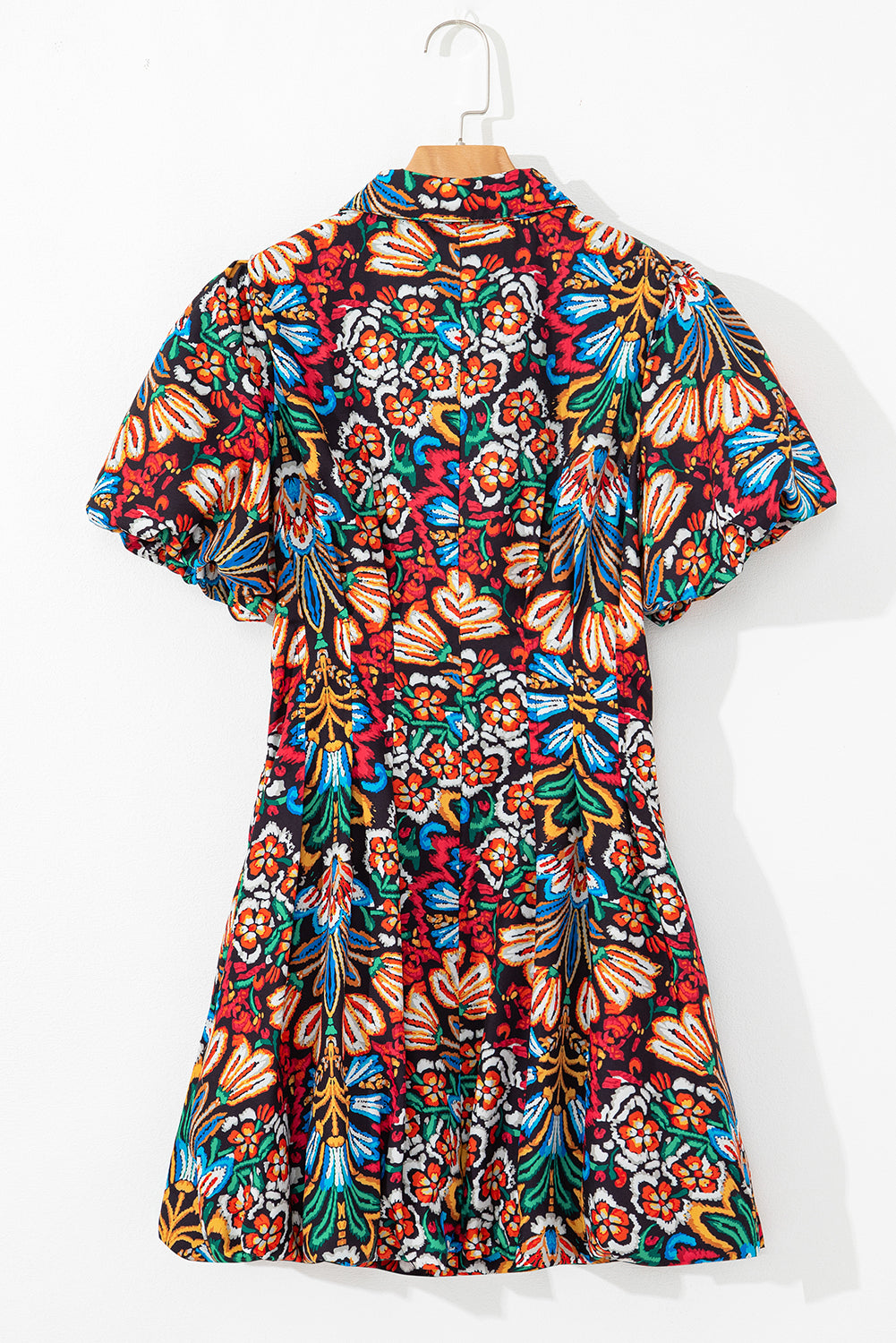 Multicolour Floral Puff Short Sleeve Shirt Mini Dress