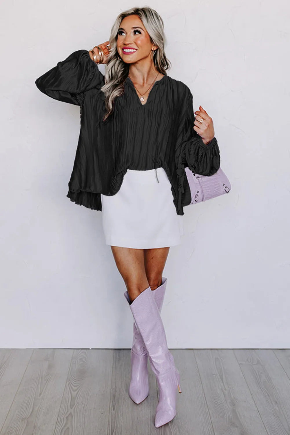 Black Textured Bubble Sleeve V Neck Loose Blouse - Chic Meadow Boutique 