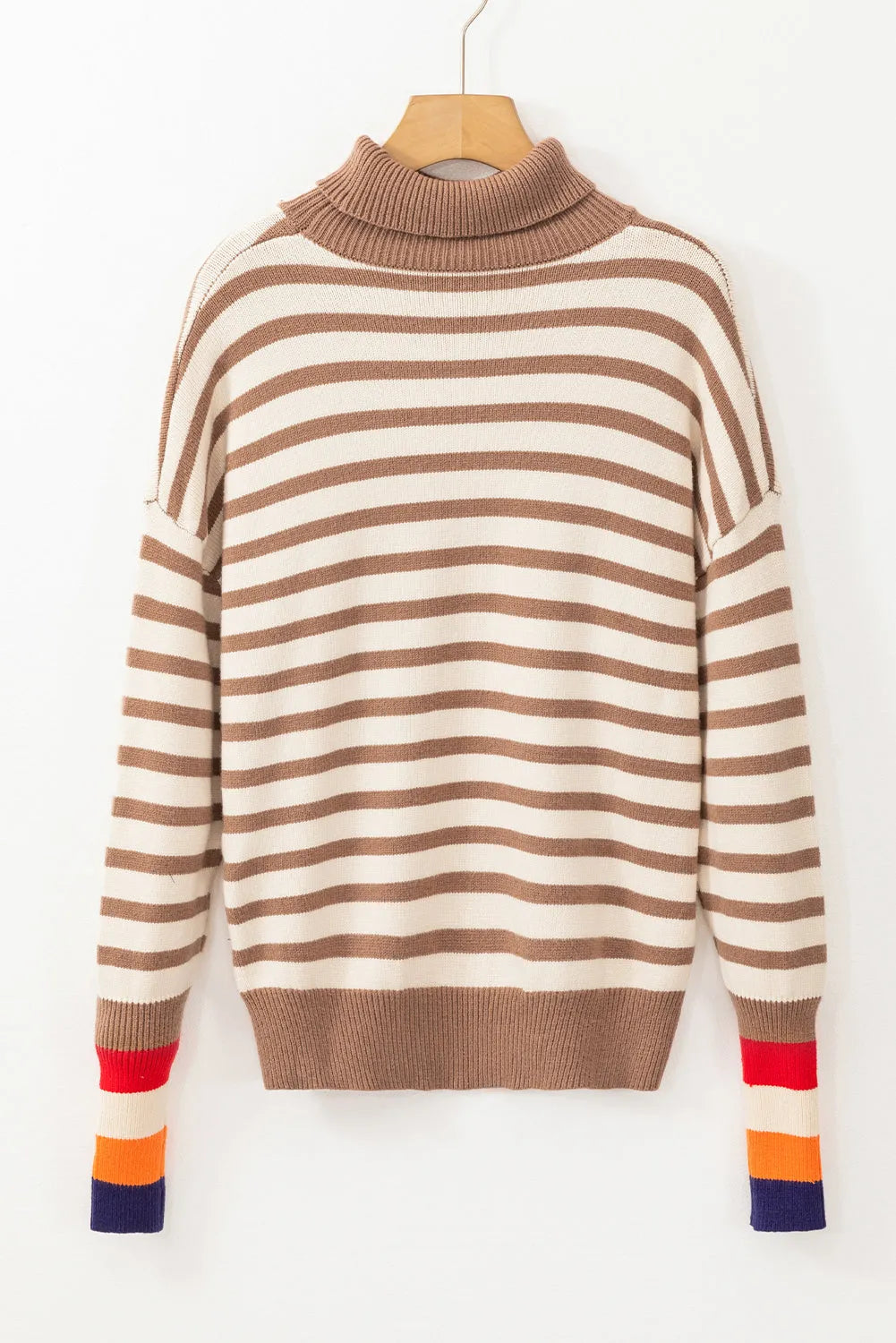 Brown Stripe Colorblock Bishop Sleeve Turtleneck Sweater - Chic Meadow Boutique 