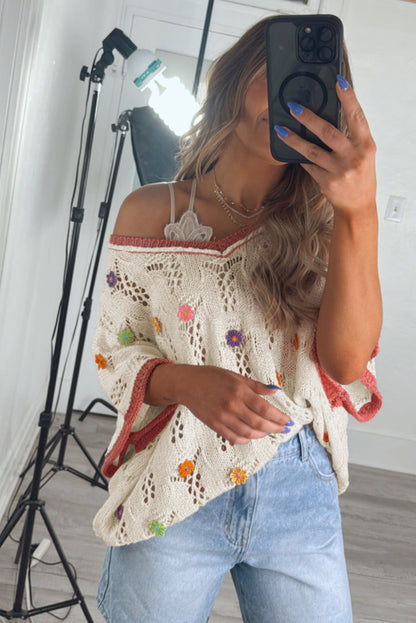 Delicacy Embroidered Flowers Colorblock Edge Hollowed Sweater