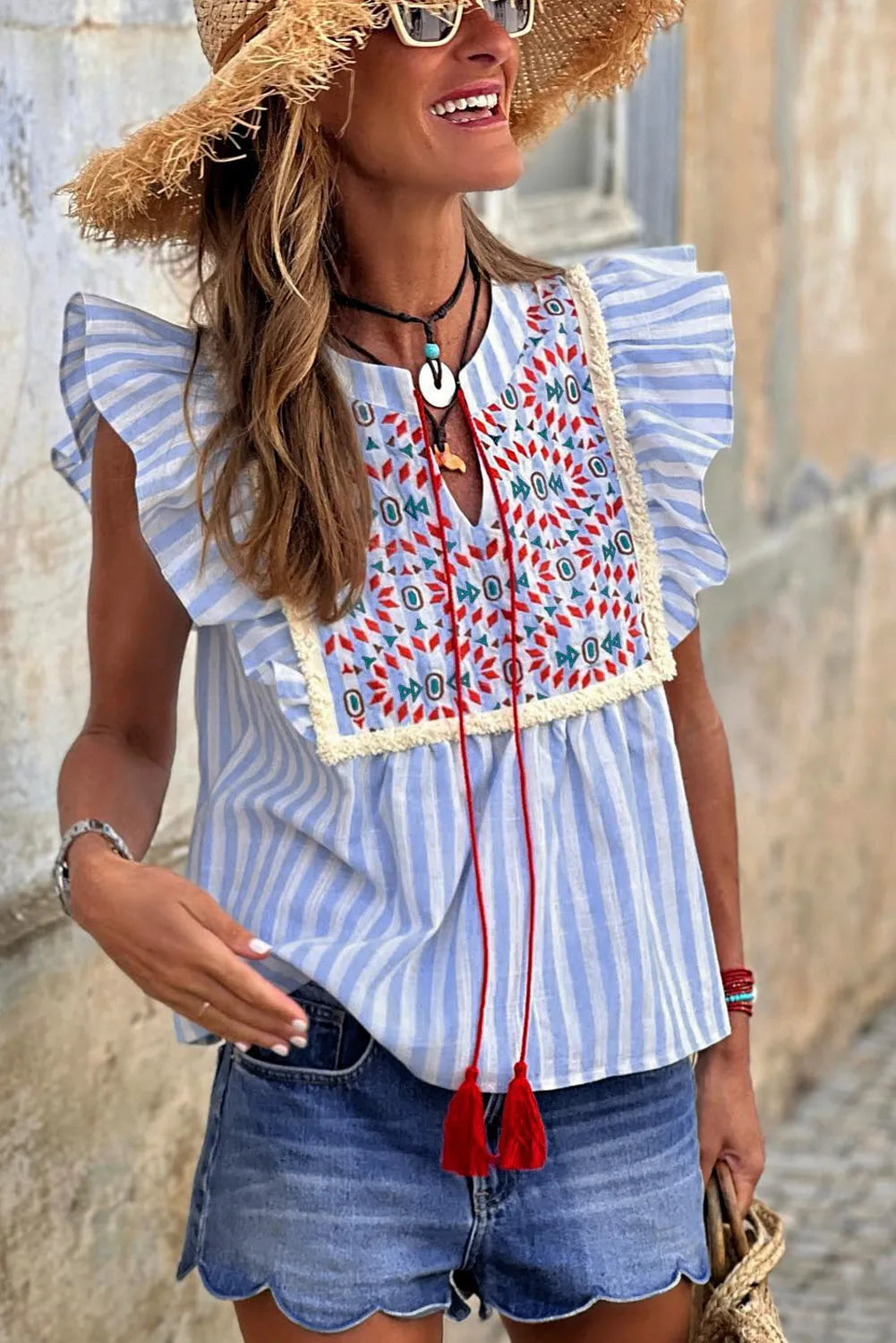 Sky Blue Stripe Geo Pattern Embroidered Tassel Flutter Blouse - Chic Meadow Boutique 