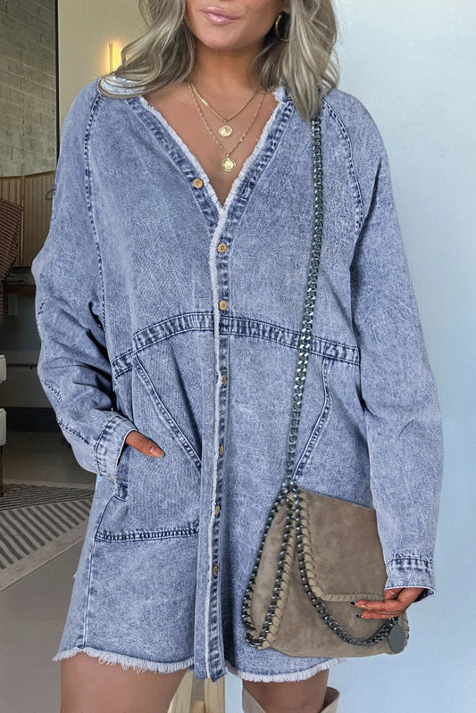 Beau Blue Mineral Wash Long Sleeve Button Up Raw Hem Pocketed Denim Dress - Chic Meadow Boutique 