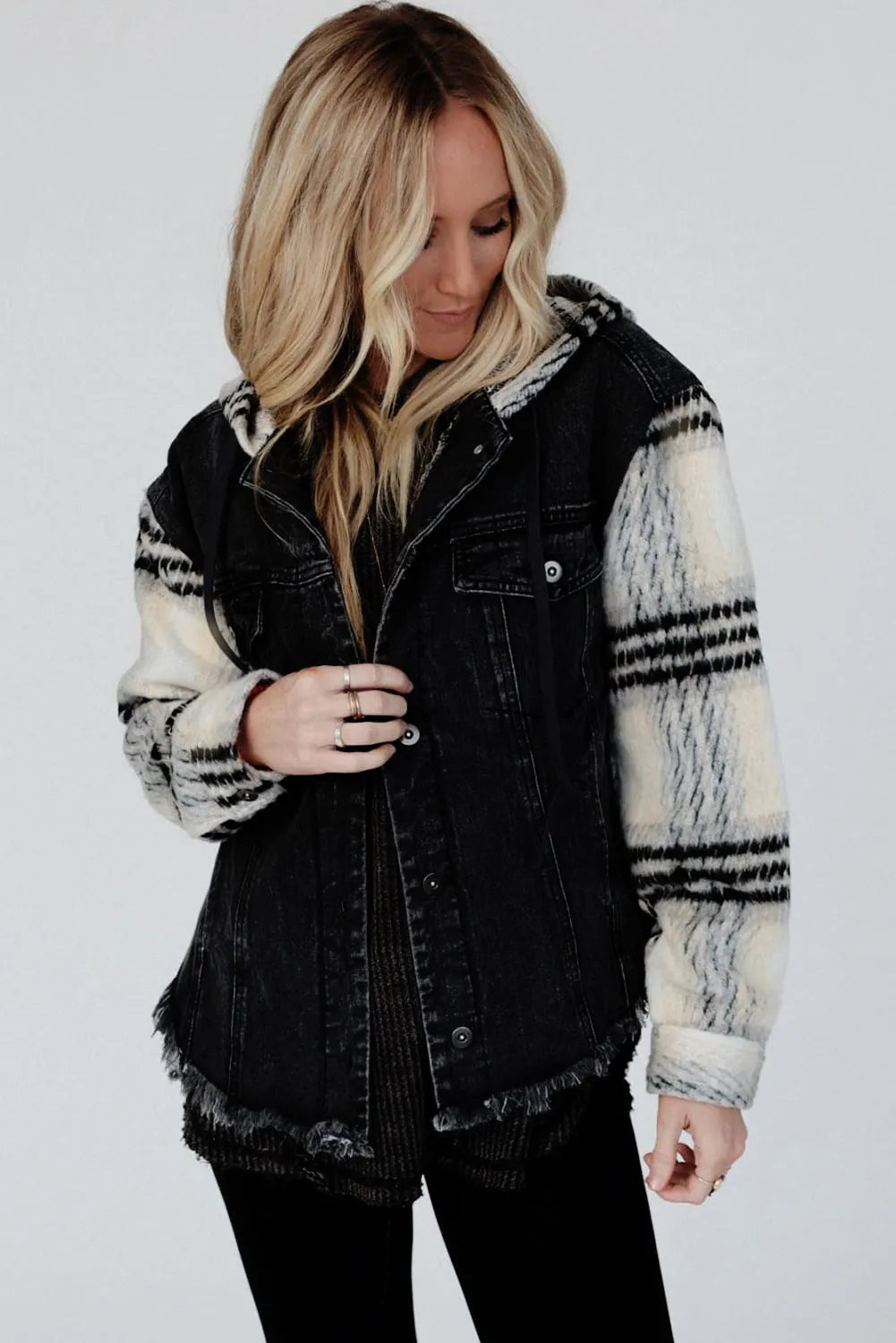 Black Plaid Sleeve Frayed Hem Hooded Denim Jacket - Chic Meadow Boutique 