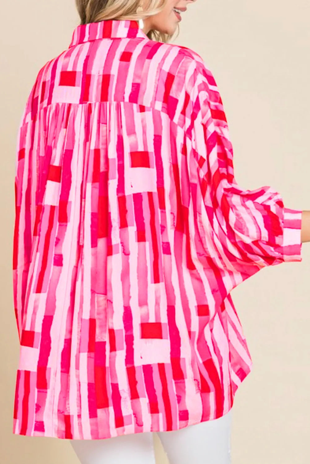 Tops/Blouses & Shirts Pink Abstract Print Batwing Sleeve Casual Shirt