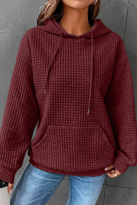 Fiery Red Quilted Kangaroo Pocket Drawstring Hoodie - Chic Meadow Boutique 