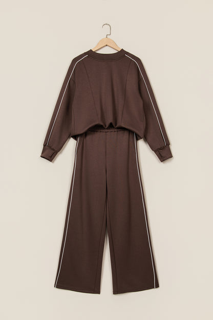 Coffee Sporty Piping Trim Mock Neck Pullover Relaxed 2pcs Pant Set