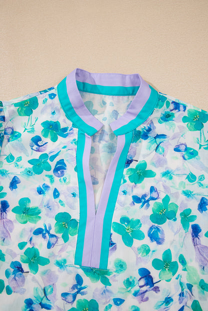 Green Floral Print Striped Trim Split V Neck Puff Short Sleeve Blouse