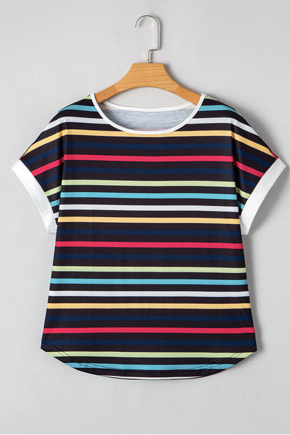 Black Stripe Multicolor Contrast Edge Crew Neck T Shirt