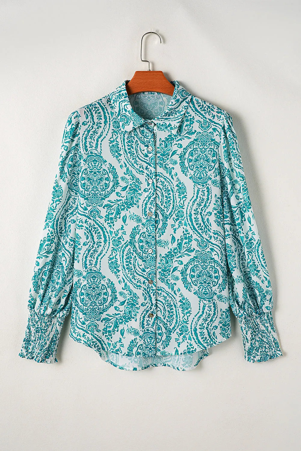 Green Paisley Print Smocked Cuff Buttoned Loose Shirt - Chic Meadow Boutique 