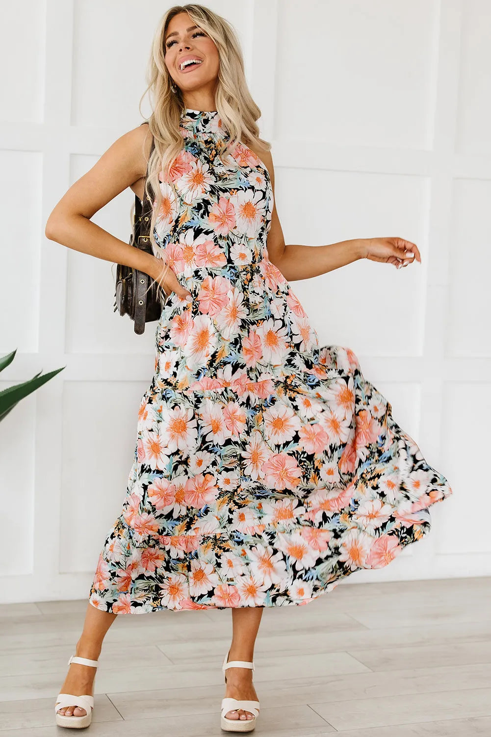 Black Boho Floral Print Knotted Halter Ruffled Maxi Dress - Chic Meadow Boutique 