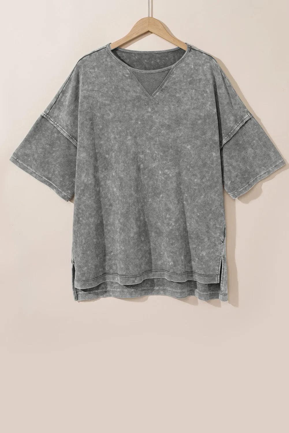 Plus Size/Plus Size Tops/Plus Size Tops & Tees Light Grey Mineral Wash Drop Sleeve Patchwork Plus Tee