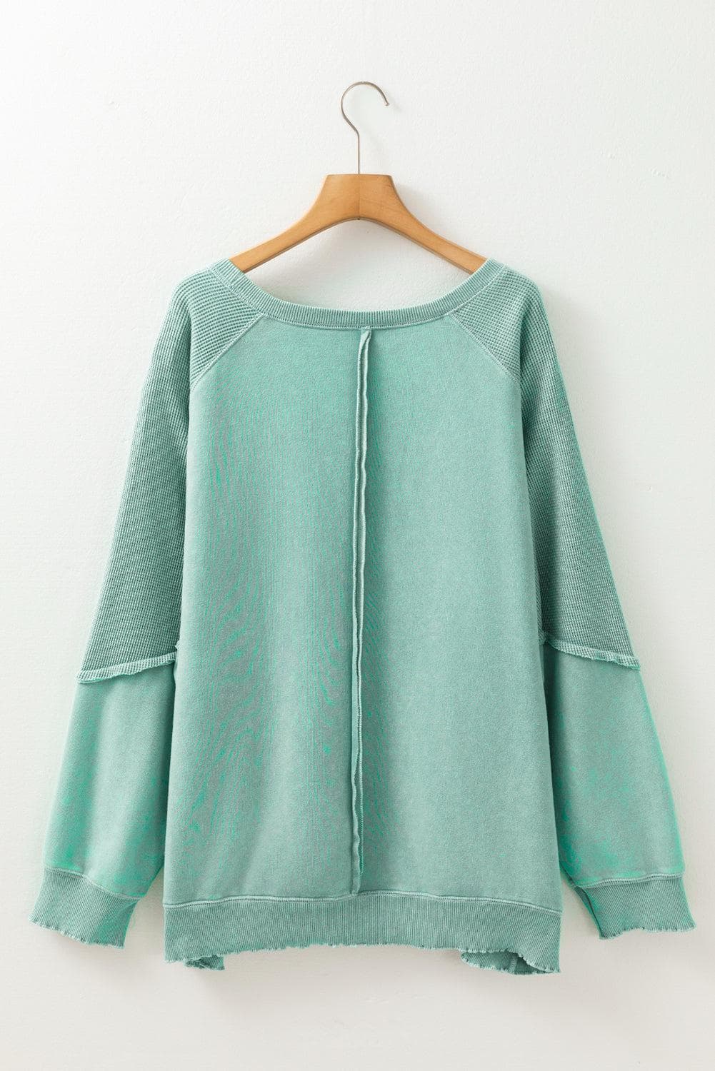 Plus Size/Plus Size Sweatshirts & Hoodies Mineral Blue Textured Patchwork Frilled Trim Plus Size Pullover Sweatshirt