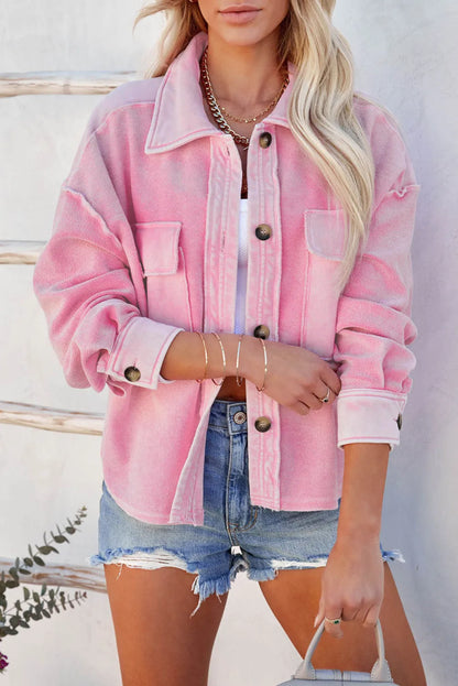 Pink Turn-Down Collar Pockets Shirt Jacket - Chic Meadow Boutique 