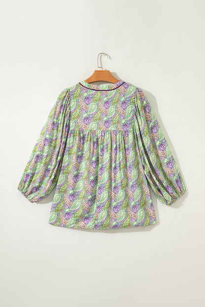 Green Boho Paisley Print Half Puff Sleeve Blouse