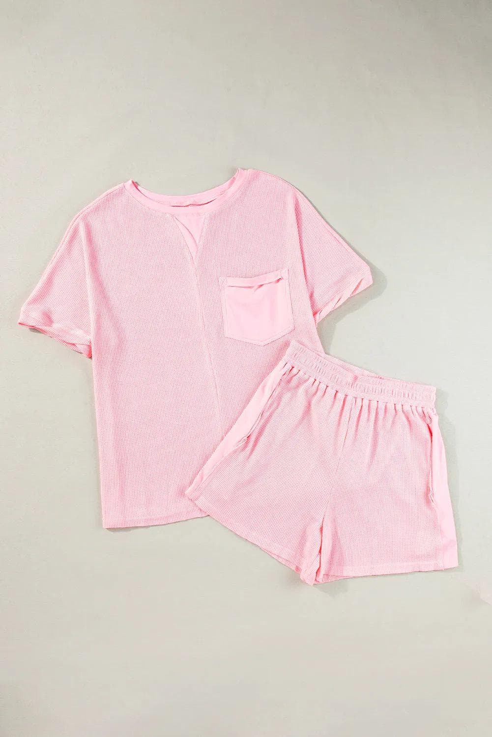 Two Piece Sets/Short Sets Light Pink Waffle Knit Oversize Tee and Shorts Set