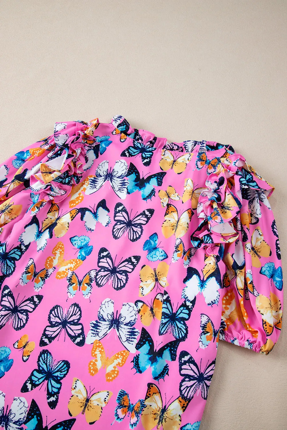 Purple Butterfly Print Ruffled Puff Sleeve Tied V Neck Blouse - Chic Meadow Boutique 