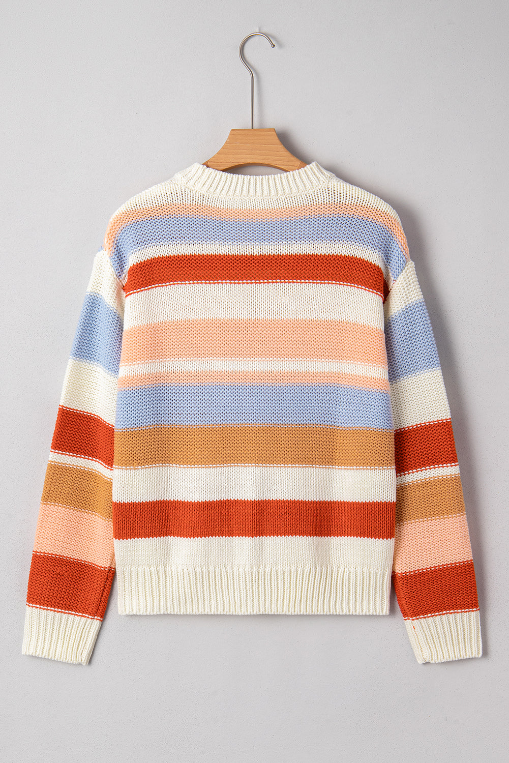 Pink Striped Colorblock Round Neck Drop Shoulder Sweater